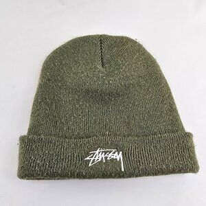 Stussy Olive Green Knit Beanie Made in USA 100% Acrylic Cuffed Winter Hat Street